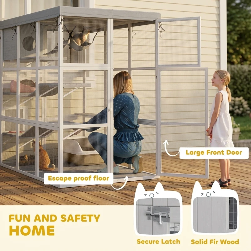 PawHut Large Outdoor Catio Cat Enclosure with Hammock, Condo, Jump Platforms, Ladders, Ramps, Tarp, for 2-4 Large Cats, Gray
