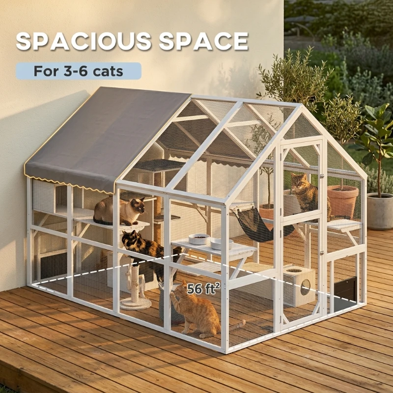 PawHut Wooden Catio Outdoor Cat Enclosure with Waterproof Cover, 2 Condos, 6 Platforms, Bridge, Doors, White