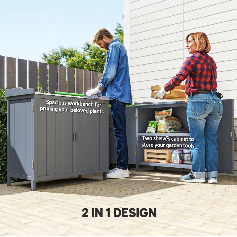 Outsunny Garden Storage Cabinet, Outdoor Potting Bench Table with Galvanized Top and Shelf, Tool Shed with Double Doors, Grey