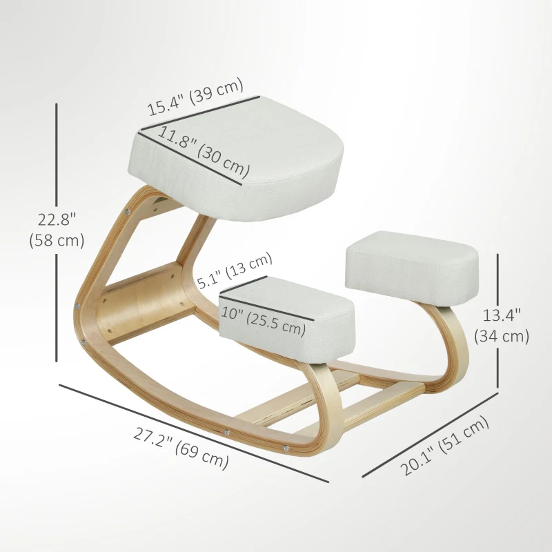 HOMCOM Ergonomic Kneeling Chair, Wood Kneel Stool with Thick Pads, Desk Knee Chair, Improve Posture, Cream White