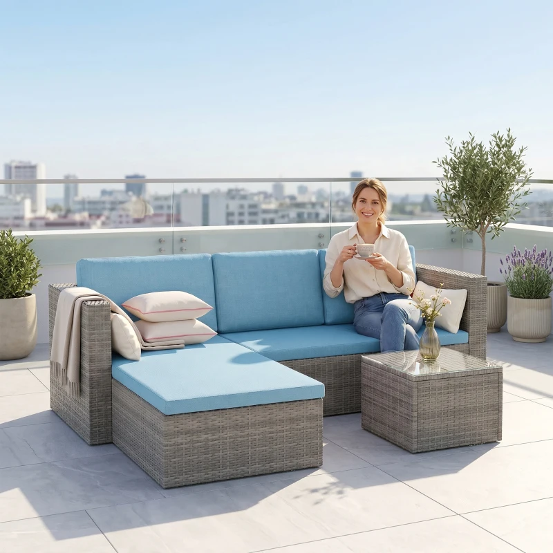 Outsunny 3-Piece Patio Furniture Set Modern Sectional Sofa Rattan Chair Wicker Conversation Set Outdoor Hand Woven Rattan Wicker Furniture Patio Coffee Table Sofa Set, Blue