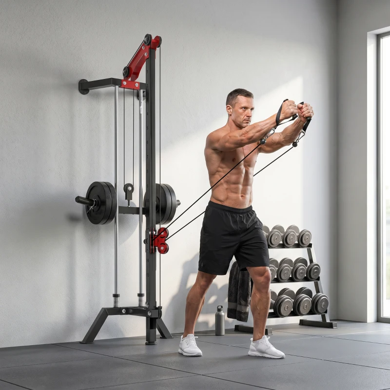 Soozier Wall Mount Cable Station, 16 Positions Adjustable Pulley Machine, Cable Crossover Machine with Lat Pulldown Bar