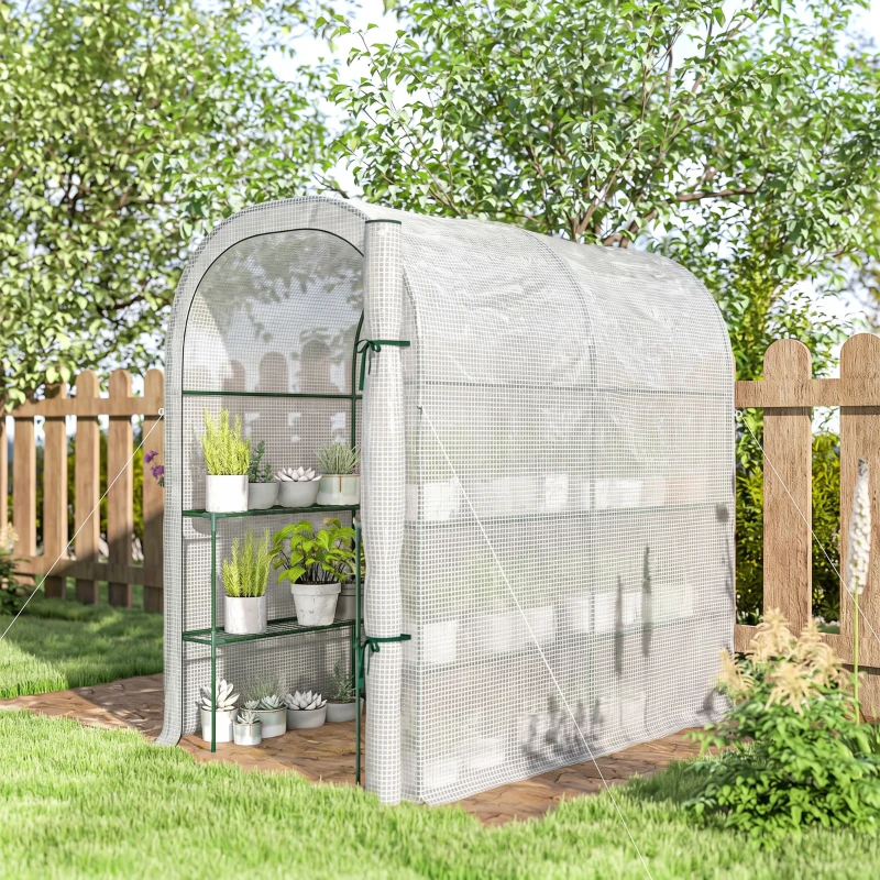 Outsunny Walk-in Mini Greenhouse with Shelves, Portable Outdoor Greenhouse with Roll-up Door, 123 x 187 x 189 cm, White