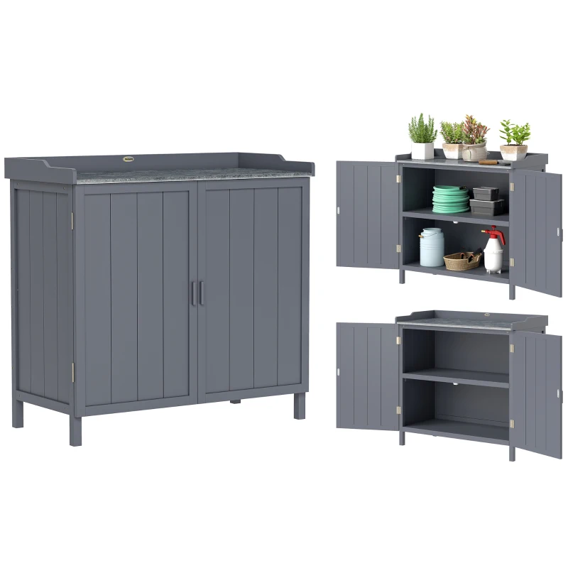 Outsunny Garden Storage Cabinet, Outdoor Potting Bench Table with Galvanized Top and Shelf, Tool Shed with Double Doors, Grey