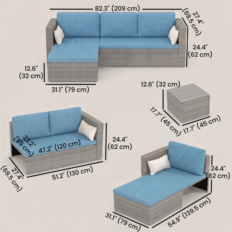 Outsunny 3-Piece Patio Furniture Set Modern Sectional Sofa Rattan Chair Wicker Conversation Set Outdoor Hand Woven Rattan Wicker Furniture Patio Coffee Table Sofa Set, Blue
