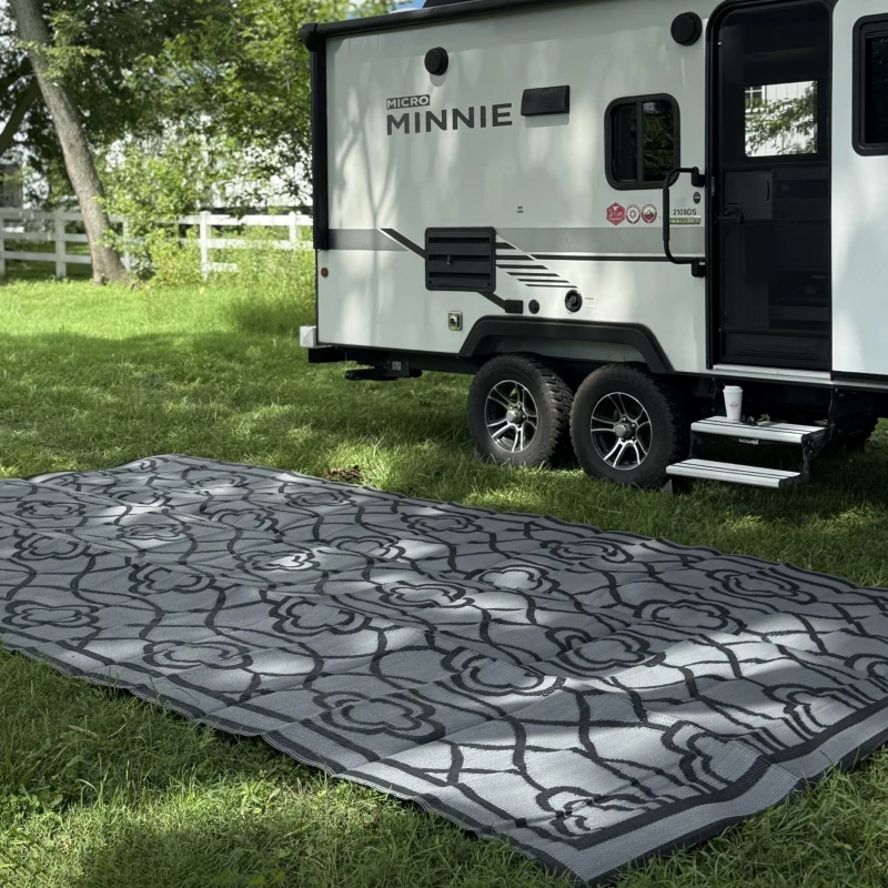 Outsunny 9' x 18' Outdoor RV Rug, Reversible Patio Floor Mat with Carry Bag, Lantern, Black and Grey