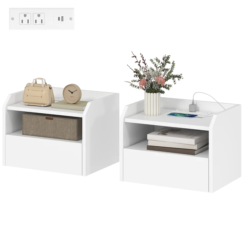 HOMCOM Wall Mounted Bedside Table, Set of 2 Floating Nightstand with Charging Station, Drawer and Open Shelf for Bedroom, White
