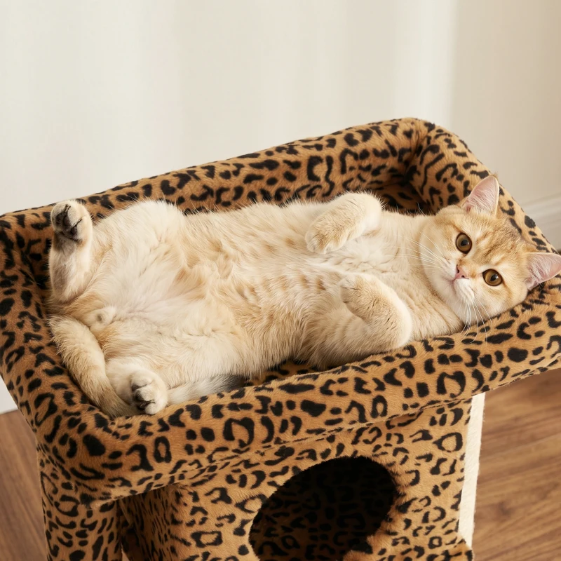 PawHut Cat Tree, Small Cat Tower with Perch, Scratching Post, Cat Condo, Toy Ball for Kitty, Leopard Print