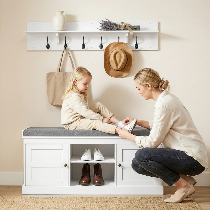 HOMCOM 2 in 1 Coat Rack Shoe Bench Set with 6 Hooks and Shoe Storage Bench, White and Grey