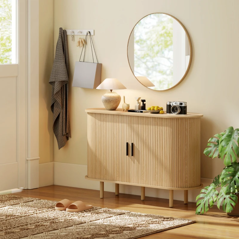 HOMCOM 47" Buffet Cabinet with Tambour Sliding Doors, Fluted Sideboard with Storage Shelves and Wooden Legs, Oak