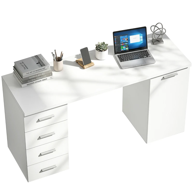 HOMCOM 140 cm Computer Desk with Adjustable Shelf Home Office Desk with Drawers and Cabinet White Wood Grain
