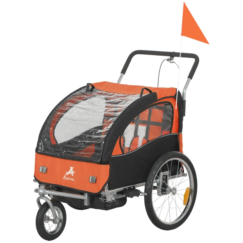 Aosom 2-in-1 Bike Trailer for Kids, Foldable 2-Seat Baby Stroller with 5-Point Harness, Rubber Wheels, Storage Bag, Orange