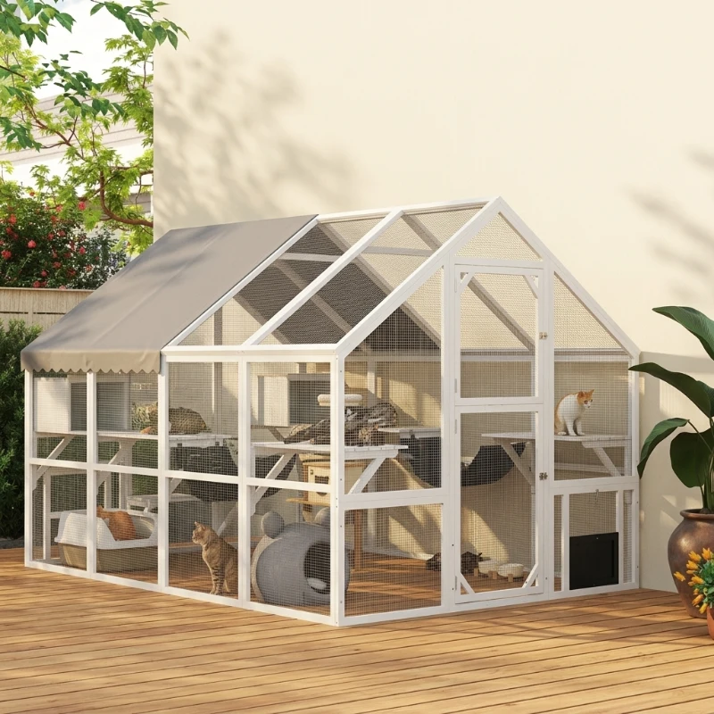 PawHut Wooden Catio Outdoor Cat Enclosure with Waterproof Cover, 2 Condos, 6 Platforms, Bridge, Doors, White