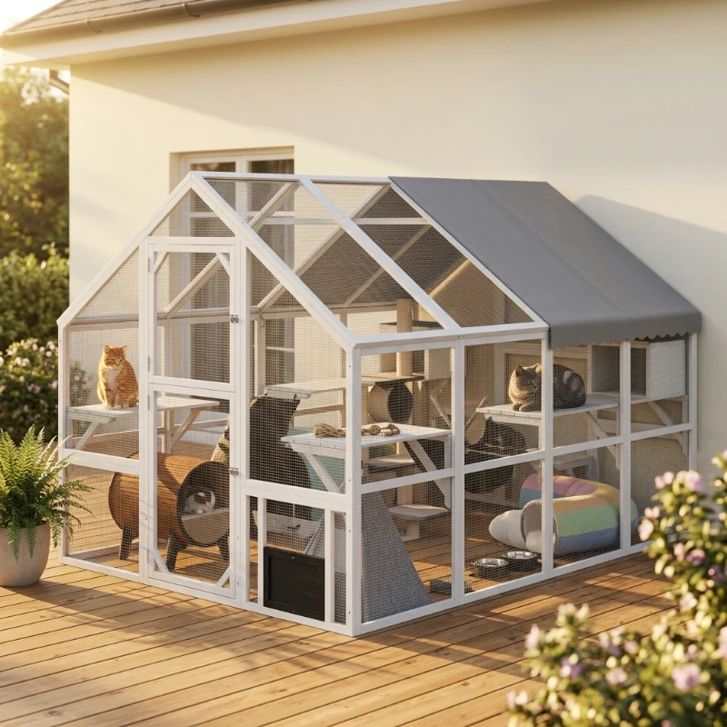 PawHut Wooden Catio Outdoor Cat Enclosure with Waterproof Cover, 2 Condos, 6 Platforms, Bridge, Doors, White