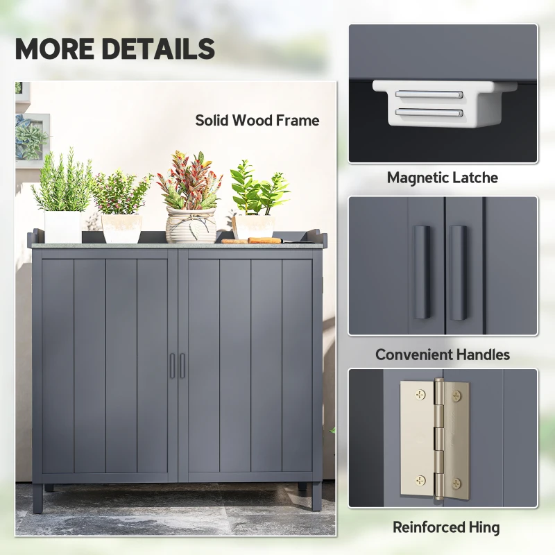 Outsunny Garden Storage Cabinet, Outdoor Potting Bench Table with Galvanized Top and Shelf, Tool Shed with Double Doors, Grey