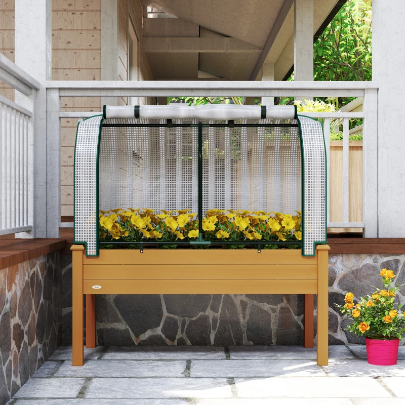 Outsunny Raised Garden Bed with PE Greenhouse Cover Outdoor Elevated Wood Planter Box for Herbs and Vegetables Sand