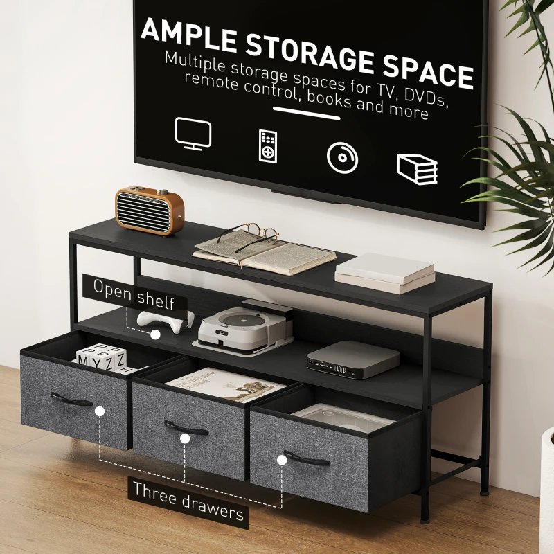 HOMCOM TV Stand with Charging Station, TV Table with 3 Foldable Linen Drawers and Open Shelf for 55 Inch Television, Black(m-5)
