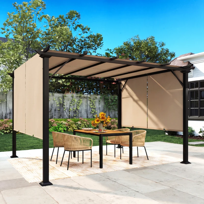 Outsunny 12' x 10' Outdoor Patio Gazebo Pergola with Retractable Canopy Roof, Steel Frame with Stakes, Light Brown