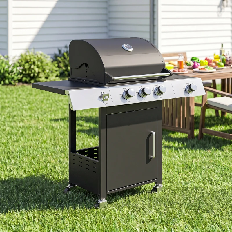 Outsunny 3 Burner Propane Gas Grill with Side Burner, 36,000 BTU BBQ Grill with Cast Iron Grates, Wheels, Warming Rack, Cabinet