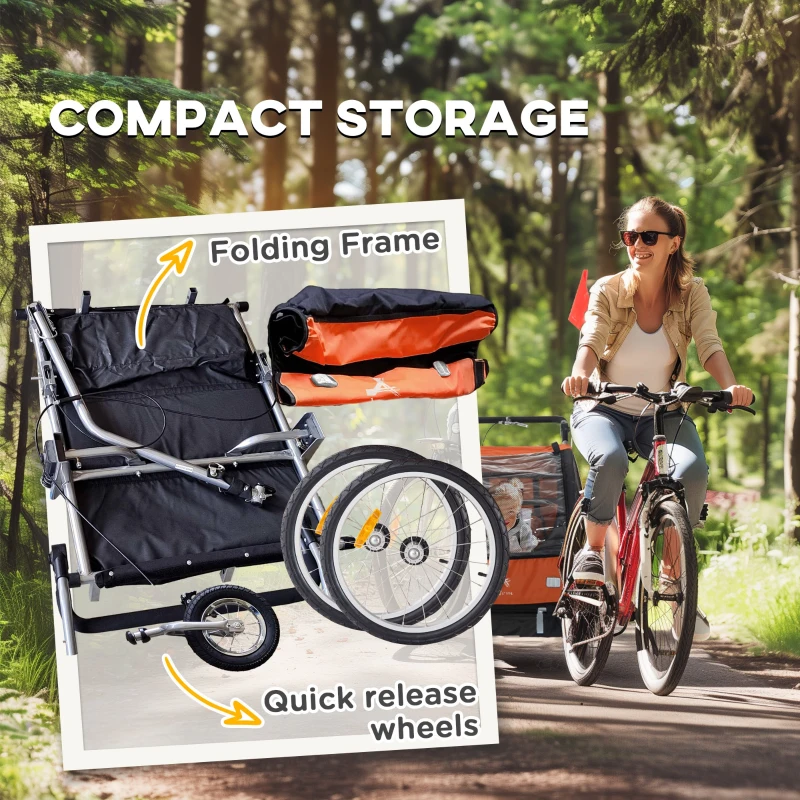 Aosom 2-in-1 Bike Trailer for Kids, Foldable 2-Seat Baby Stroller with 5-Point Harness, Rubber Wheels, Storage Bag, Orange