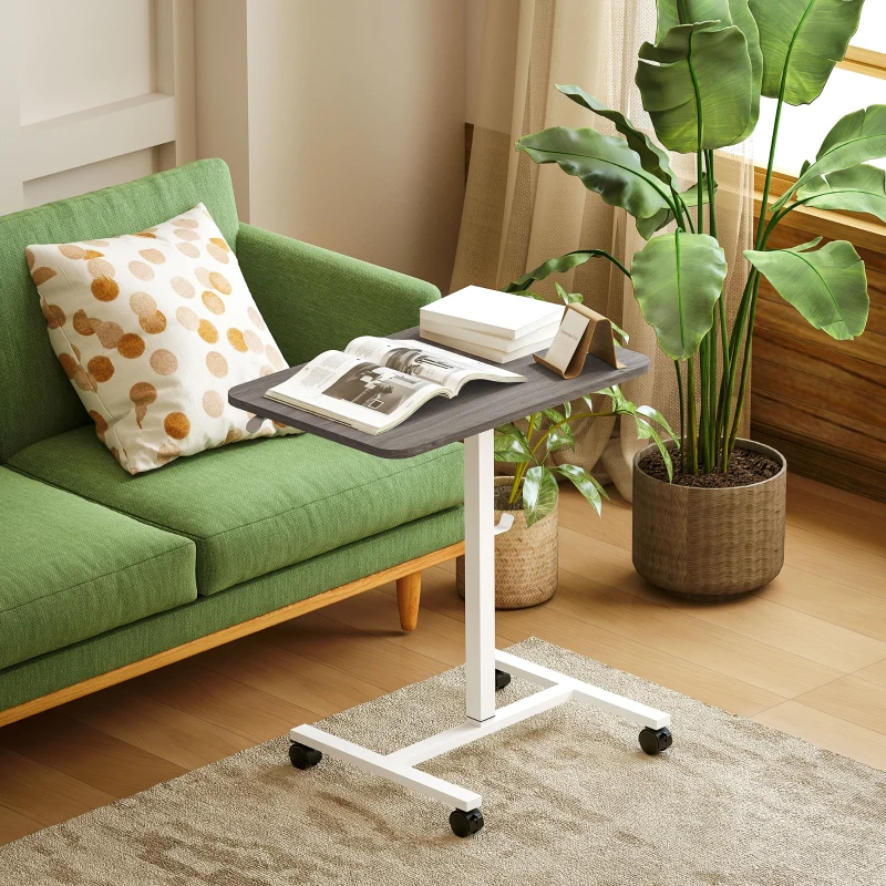 HOMCOM Height Adjustable Standing Desk, Pneumatic Sit Stand Desk with Wheels and Headphone Hook, Grey Wood Grain