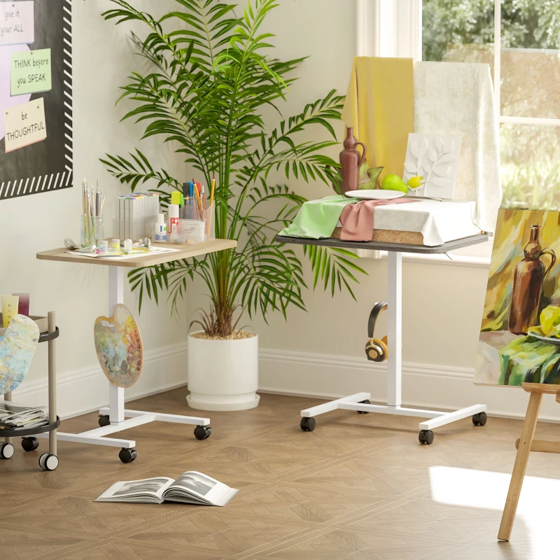 HOMCOM Height Adjustable Standing Desk, Pneumatic Sit Stand Desk with Wheels and Headphone Hook, Grey Wood Grain