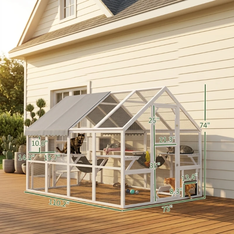PawHut Wooden Catio Outdoor Cat Enclosure with Waterproof Cover, 2 Condos, 6 Platforms, Bridge, Doors, White