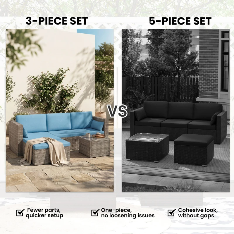 Outsunny 3-Piece Patio Furniture Set Modern Sectional Sofa Rattan Chair Wicker Conversation Set Outdoor Hand Woven Rattan Wicker Furniture Patio Coffee Table Sofa Set, Blue