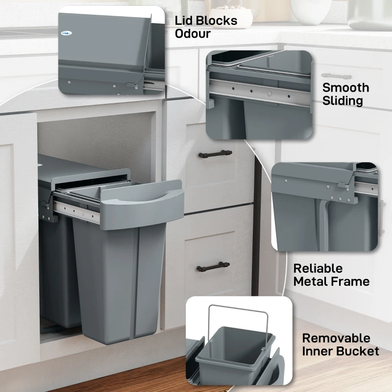 HOMCOM Pull Out Garbage Bin for Kitchen, 7.9 Gallon (30 L) Under Sink Garbage Can, 2 Removable Compartments, Grey