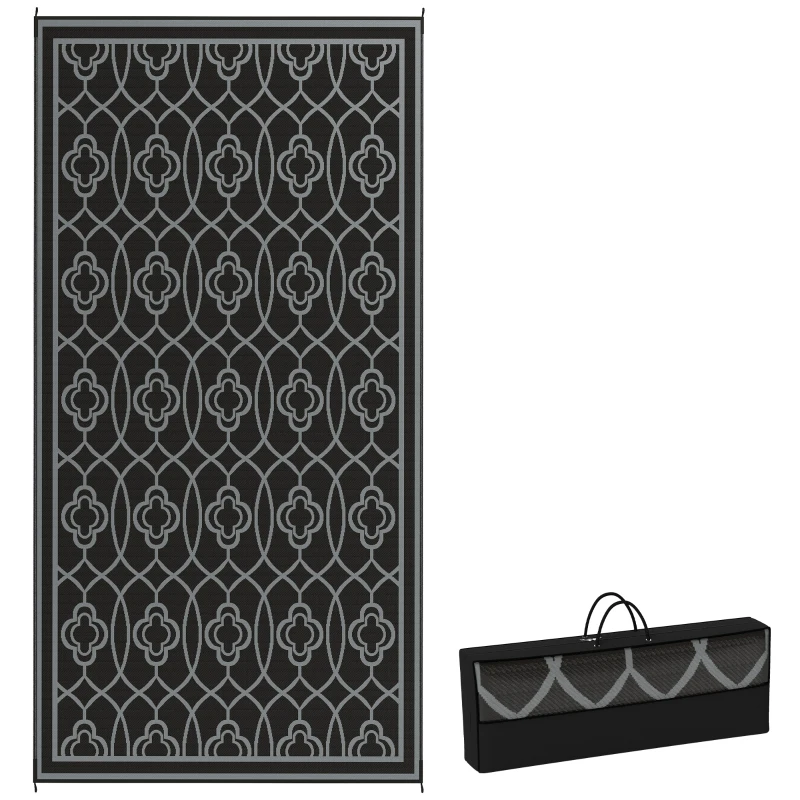 Outsunny 9' x 18' Outdoor RV Rug, Reversible Patio Floor Mat with Carry Bag, Lantern, Black and Grey