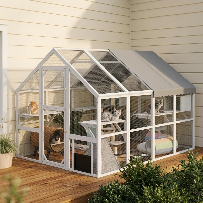 PawHut Wooden Catio Outdoor Cat Enclosure with Waterproof Cover, 2 Condos, 6 Platforms, Bridge, Doors, White