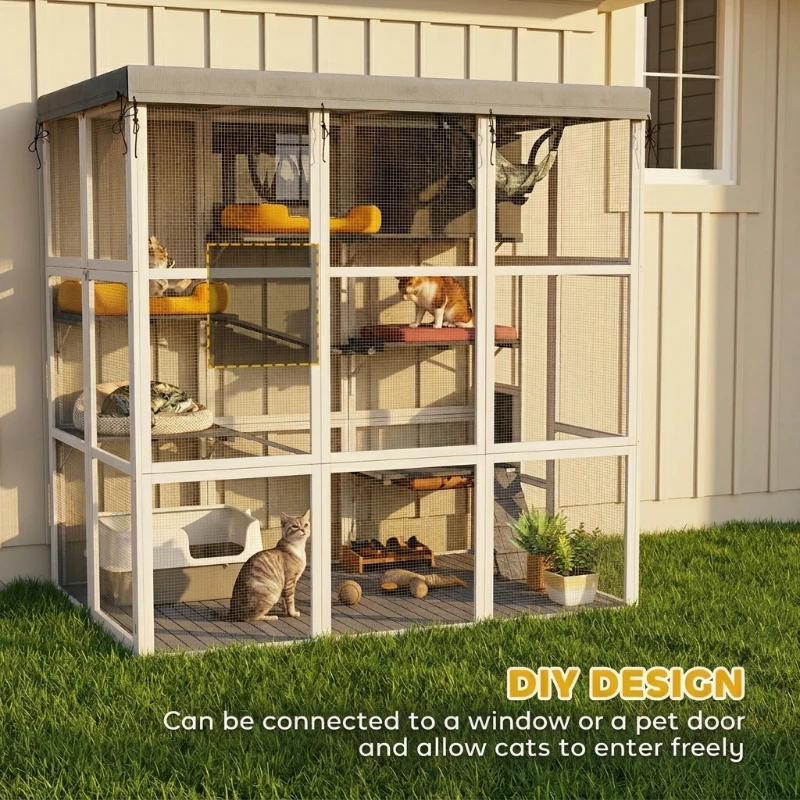 PawHut Large Outdoor Catio Cat Enclosure with Hammock, Condo, Jump Platforms, Ladders, Ramps, Tarp, for 2-4 Large Cats, Gray