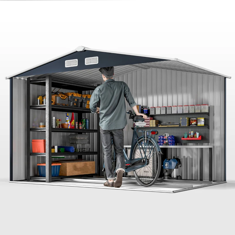 Outsunny 9' x 6' Outdoor Storage Shed, Garden Tool Metal Shed with Foundation Kit, Dark Gray