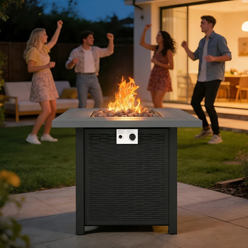 Outsunny Propane Fire Pit Table, 28" 40000 BTU Outdoor Gas Fire Table with Lava Rocks and Lid, Black