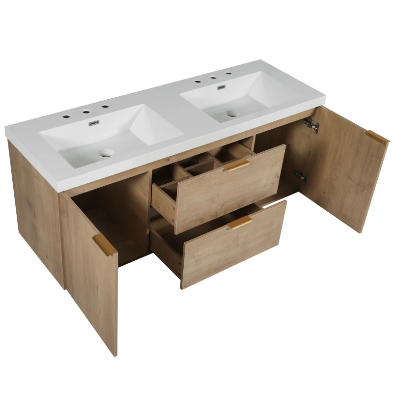 Double Sink Bathroom Vanity with Integrated SMC Top, Wall-Mounted Floating Cabinet for 2 People, 59.5'' L x 20'' W x 25.5'' H, Wood