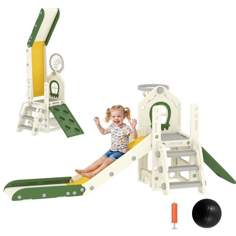 Qaba Foldable 4 in 1 Toddler Slide with Climber, Basketball Hoop, Storage Space and Basketball for Ages 1-3 Years, Cream