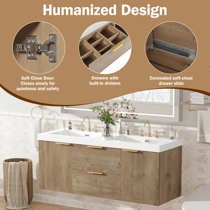Double Sink Bathroom Vanity with Integrated SMC Top, Wall-Mounted Floating Cabinet for 2 People, 59.5'' L x 20'' W x 25.5'' H, Wood