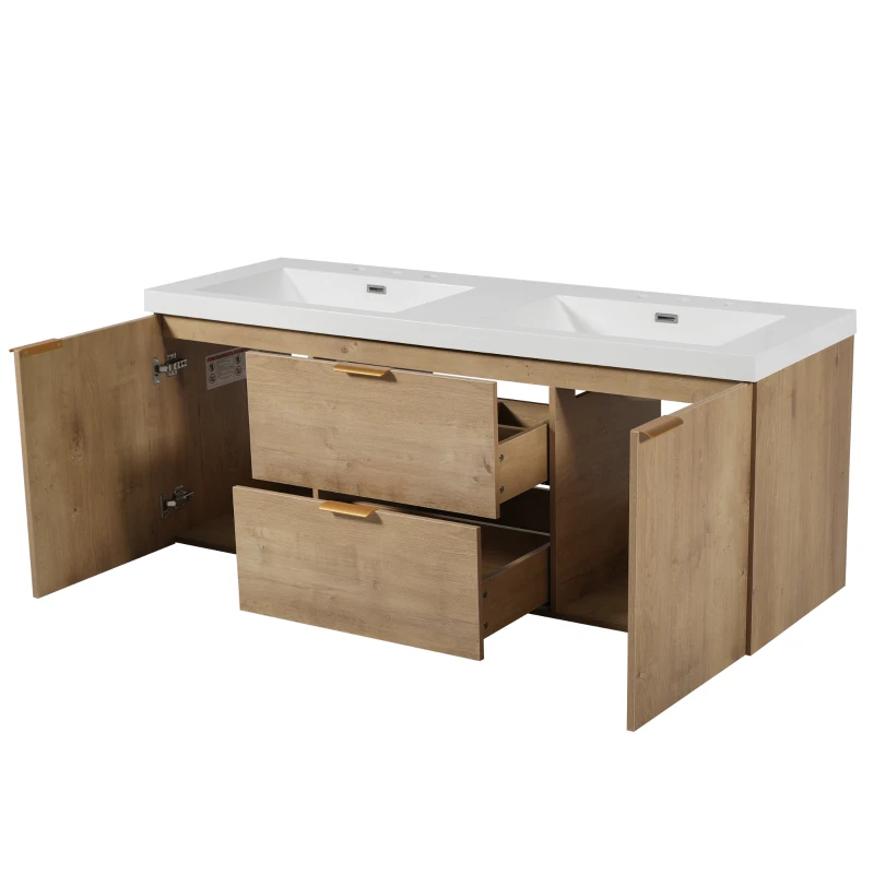 Double Sink Bathroom Vanity with Integrated SMC Top, Wall-Mounted Floating Cabinet for 2 People, 59.5'' L x 20'' W x 25.5'' H, Wood