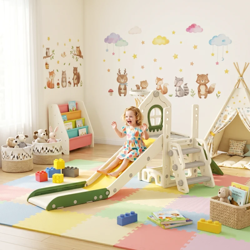 Qaba Foldable 4 in 1 Toddler Slide with Climber, Basketball Hoop, Storage Space and Basketball for Ages 1-3 Years, Cream
