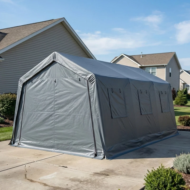 Outsunny 20 x 13 ft Carport, Portable Garage with Roll-Up Door and Windows, PE Canopy, Steel Frame, Dark Grey