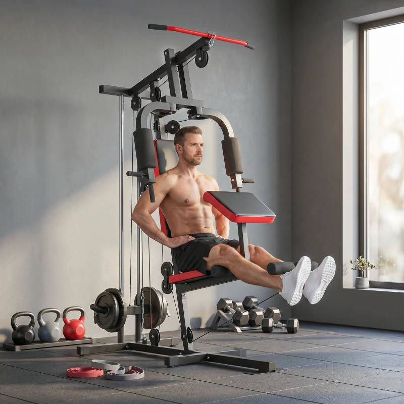 Soozier Home Gym Equipment, Multifunctional Weight Machine with Pulley System for Full Body Strength Training, Black