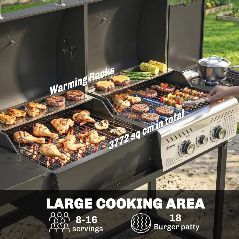 Outsunny Dual Fuel BBQ Grill, Charcoal and 2+1 Gas Burner Barbecue Grill with Wheels, Warming Rack, Black
