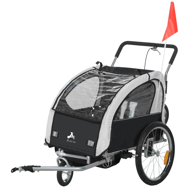 Aosom 2-in-1 Bike Trailer for Kids, Foldable 2-Seat Baby Stroller with 5-Point Harness, Rubber Wheels, Storage Bag, Black