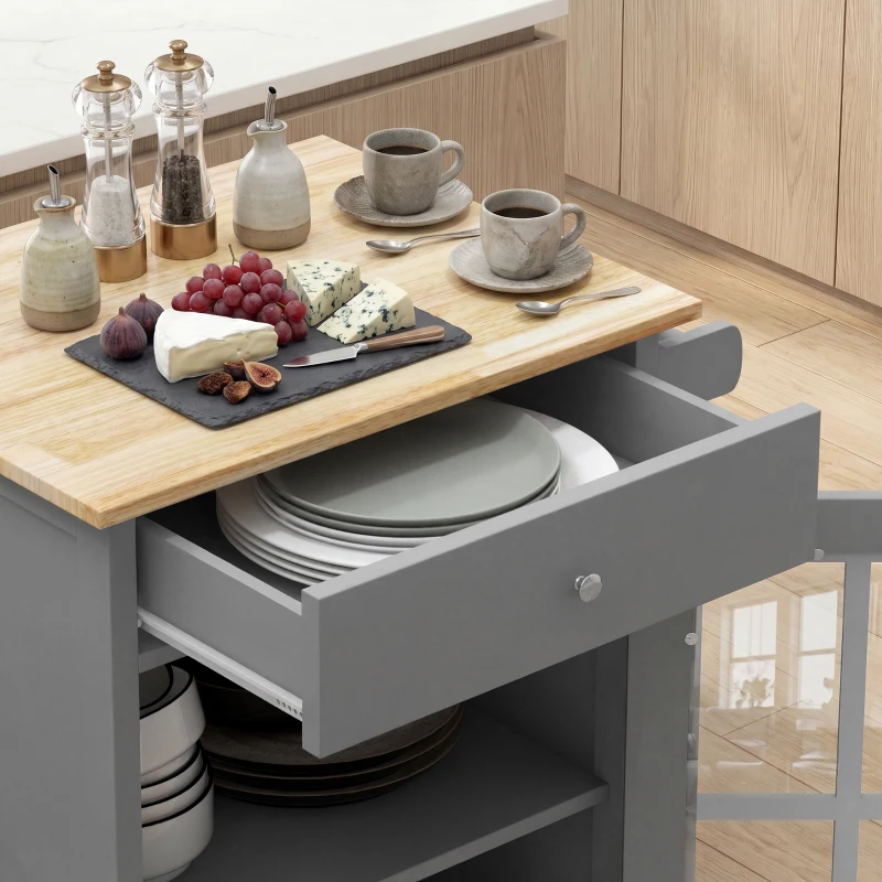 HOMCOM Rolling Kitchen Cart with Drawer and Glass Door Cabinet, Kitchen Island on Wheels with Towel Rack, Dark Grey