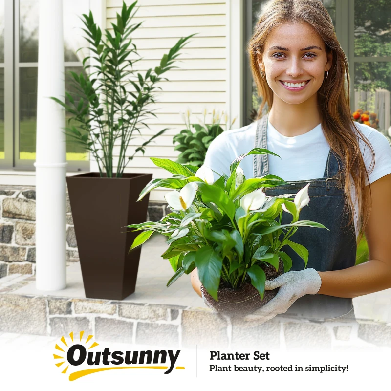 Outsunny 28" Tall Garden Plastic Planters, Outdoor and Indoor Flower Pots, Set of 3 for Entryway, Patio, Yard, Brown