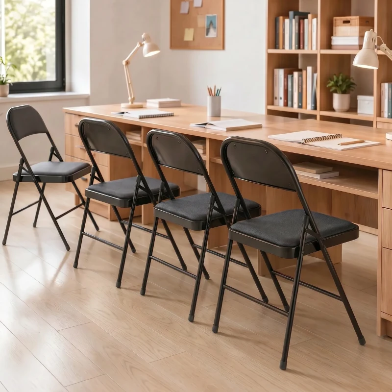 HOMCOM Set of 4 Metal Foldable Chairs, PU Leather Padded Folding Chairs with Cushion Seat and Open Back for Indoor, Black