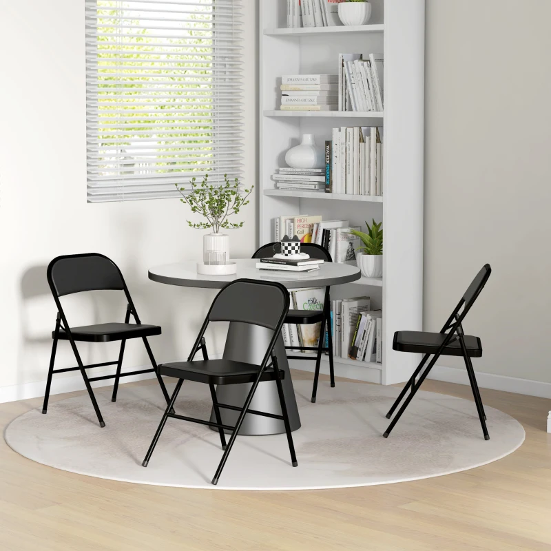 HOMCOM Set of 4 Metal Foldable Chairs, PU Leather Padded Folding Chairs with Cushion Seat and Open Back for Indoor, Black