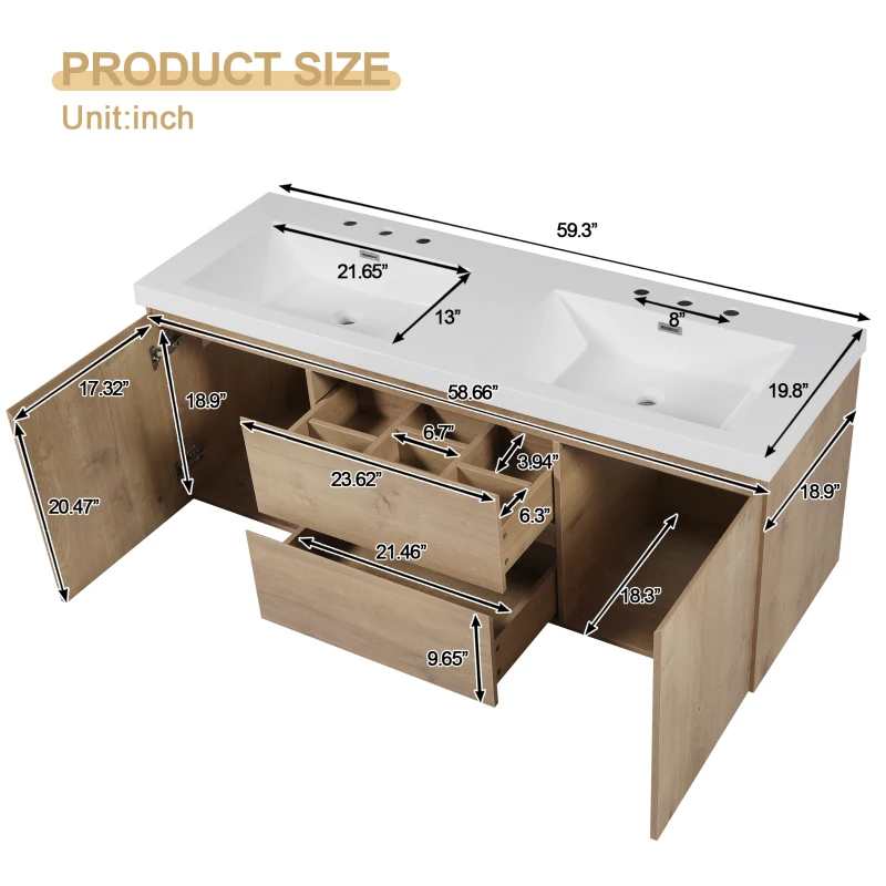 Double Sink Bathroom Vanity with Spacious Under-Sink Storage, Wall-Mounted Floating Cabinet with SMC Top, 59.5'' L x 20'' W x 25.5'' H, Wood