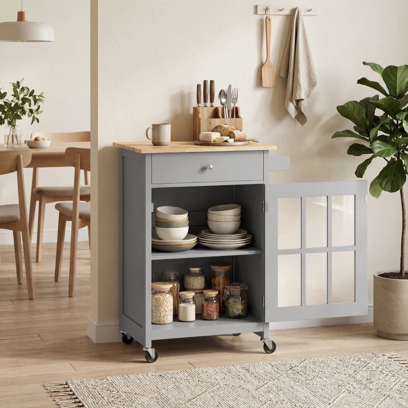 HOMCOM Rolling Kitchen Cart with Drawer and Glass Door Cabinet, Kitchen Island on Wheels with Towel Rack, Dark Grey