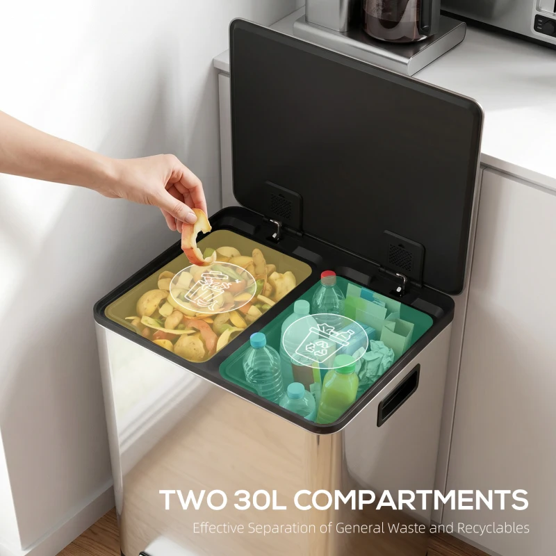 HOMCOM 2 x 30L / 7.9 Gallon Dual Trash Can with Removable Inner Buckets and Handles for Kitchen, Office, Bathroom, Silver